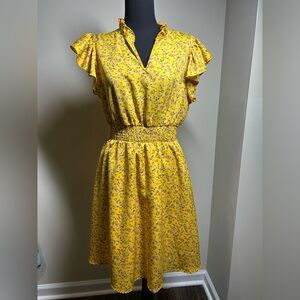 SHEIN Yellow Floral Midi Dress with Ruffle Sleeves
